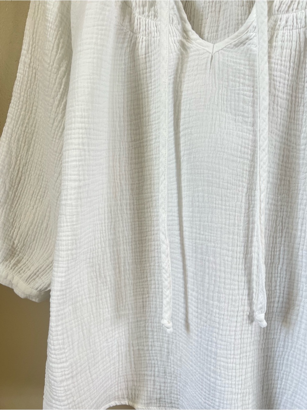 Mac and Me White Cotton Gauze Tie Neck Peasant Blouse 1X Boho Coastal 3/4 Sleeve - Picture 12 of 16